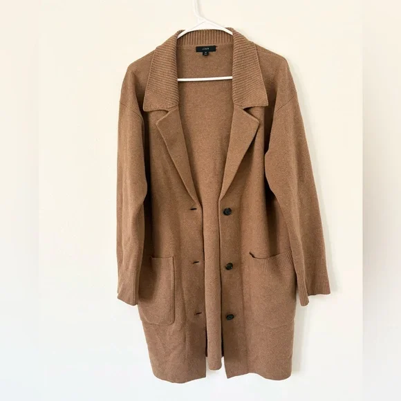 J Crew Camel Tan Oversized Wool Cotton Collared Sweater Jacket Size Medium - Picture 6 of 12